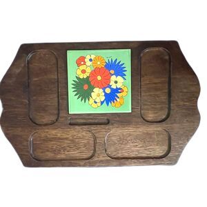 Vintage G.I. Japan Carved Hardwood Serving Tray Floral Tile Charcuterie Board